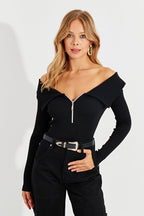 Women's Black Zippered Madonna Collar Blouse