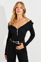 Women's Black Zippered Madonna Collar Blouse