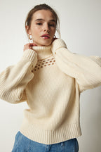 Women's Cream Turtleneck Scrolled Knit Sweater