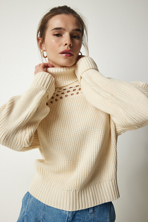 Women's Cream Turtleneck Scrolled Knit Sweater