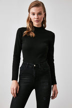 Black Fitted High Collar Long Sleeve Ribbed Stretchy Knitted Blouse