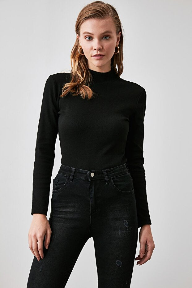 Black Fitted High Collar Long Sleeve Ribbed Stretchy Knitted Blouse