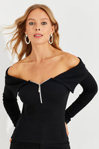 Women's Black Zippered Madonna Collar Blouse