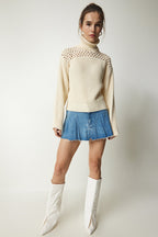 Women's Cream Turtleneck Scrolled Knit Sweater