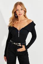 Women's Black Zippered Madonna Collar Blouse