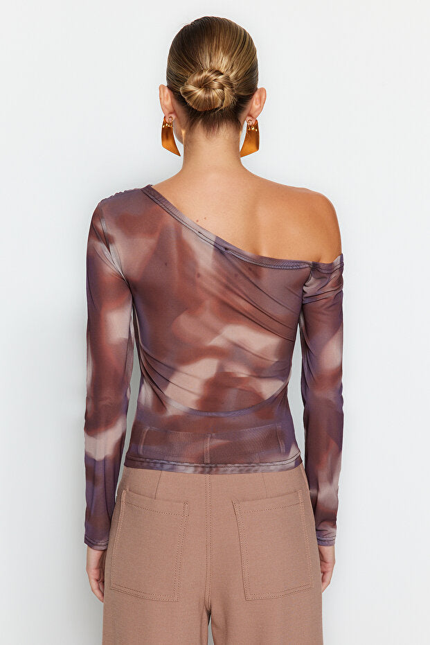 Brown Tulle Fitted Body Fitted Lined Asymmetrical Neckline Knitted Blouse