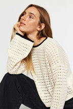 Crew Neck Ecru Knitwear Sweater - Openwork Hole