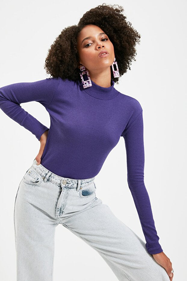 Purple Fitted High Neck Long Sleeve Ribbed Stretchy Knitted Blouse