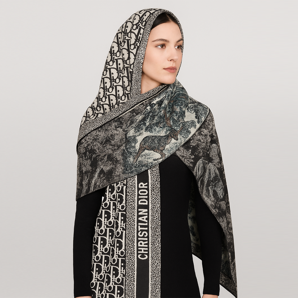 Christian Dior D-Oblique & Toile de Jouy Wool Scarf – Black & Grey