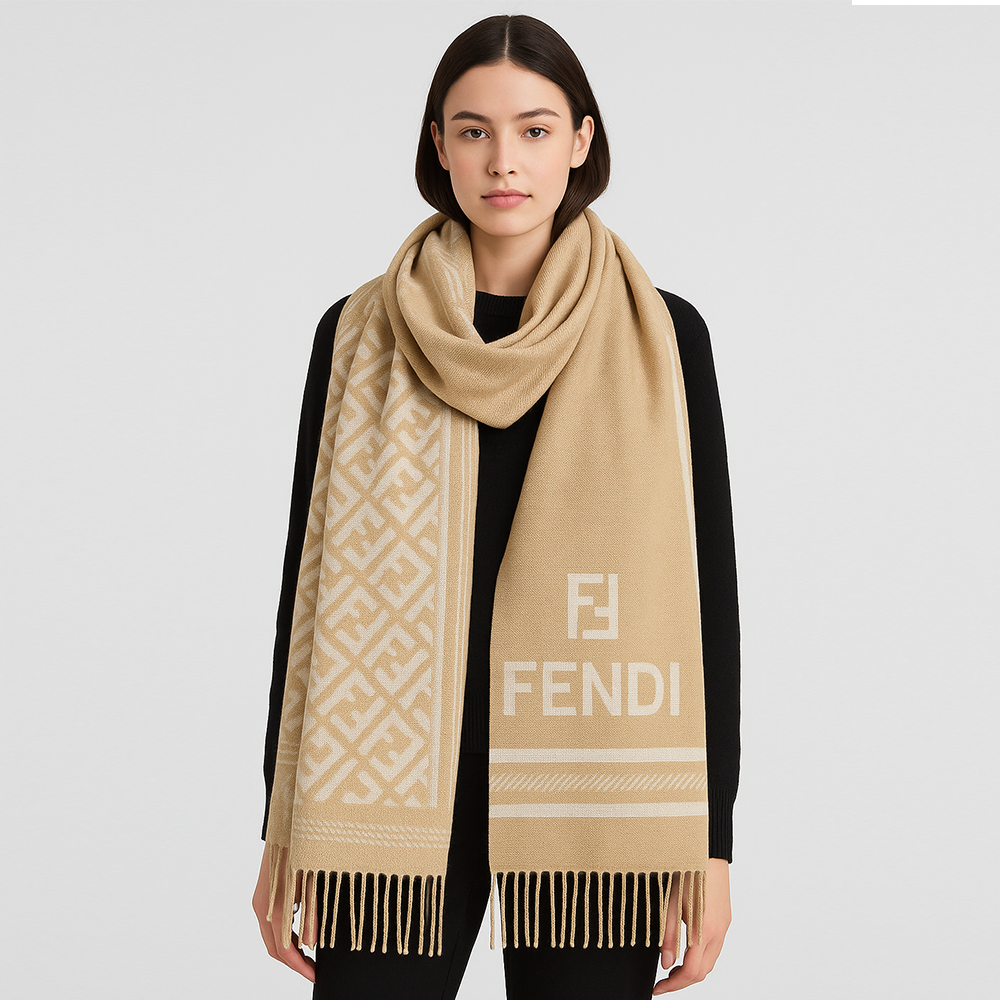 Fendi Wool Scarf – Beige with FF Logo Pattern