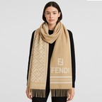 Fendi Wool Scarf – Beige with FF Logo Pattern