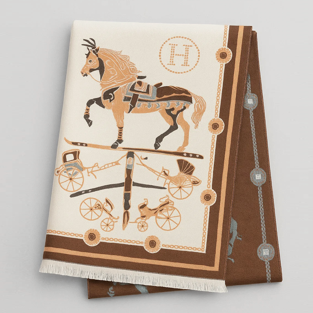 Hermès Horse Equestrian Riders Wool & Cashmere Scarf – Brown & White