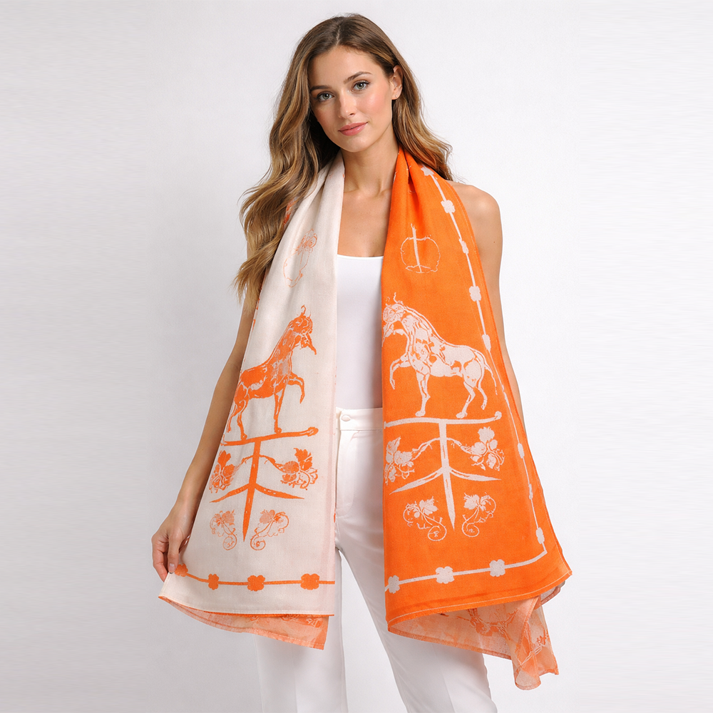 Hermès Horse Print Scarf – Orange & Beige