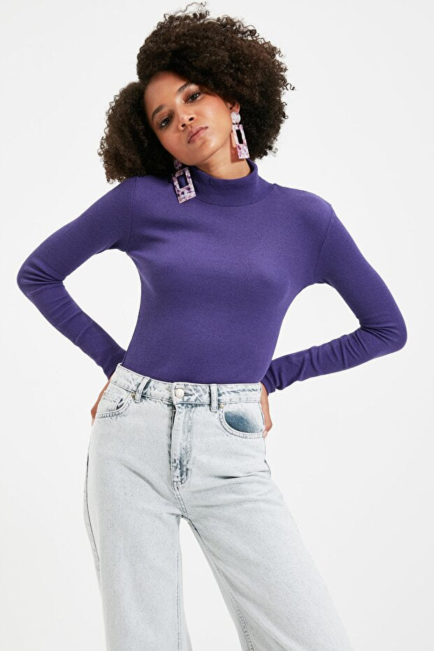 Purple Fitted High Neck Long Sleeve Ribbed Stretchy Knitted Blouse