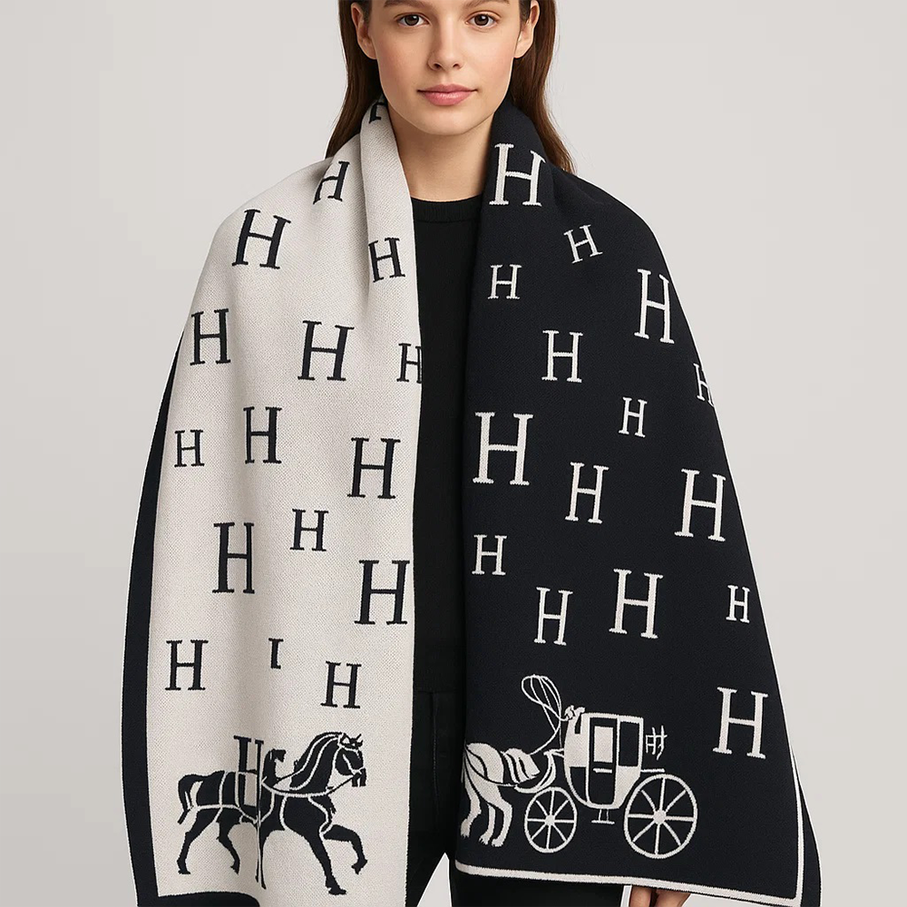Hermès Reversible H Monogram Wool & Cashmere Scarf – Black & White