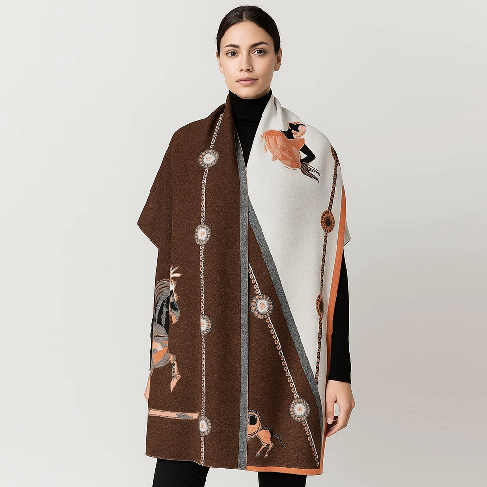 Hermès Horse Equestrian Riders Wool & Cashmere Scarf – Brown & White