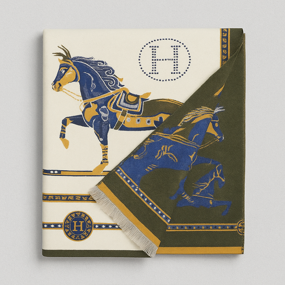 Hermès Horses & Carriage Wool Scarf – Green & Beige