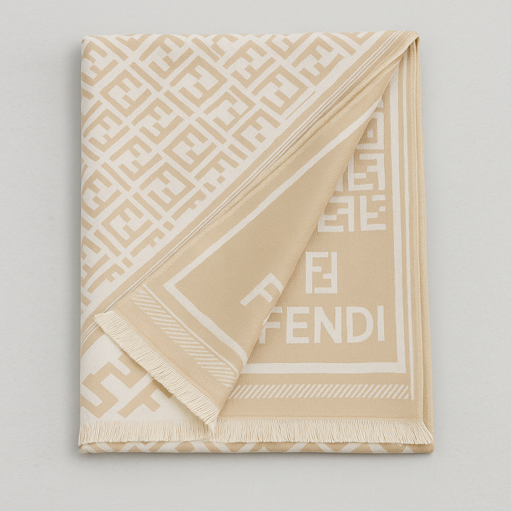 Fendi Wool Scarf – Beige with FF Logo Pattern