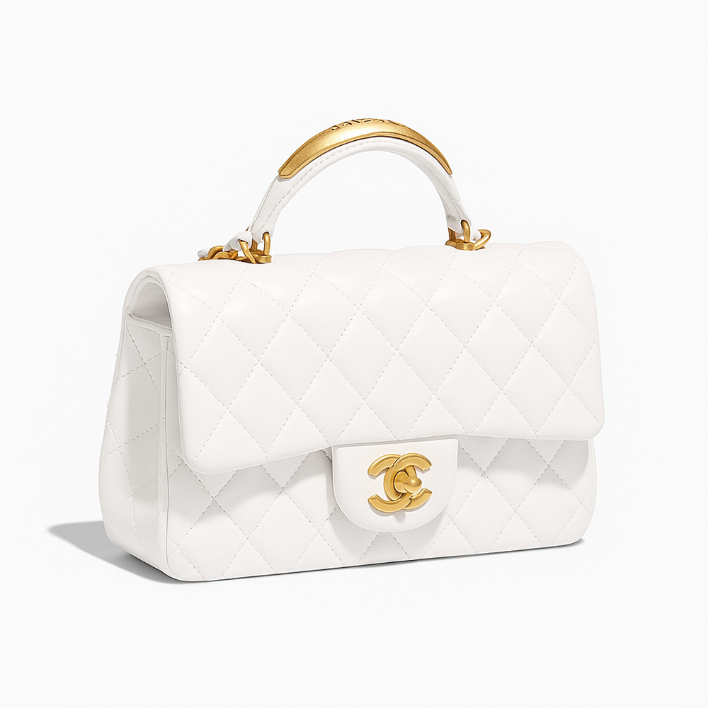 Chanel Mini Flap Bag with Gold Top Handle – White