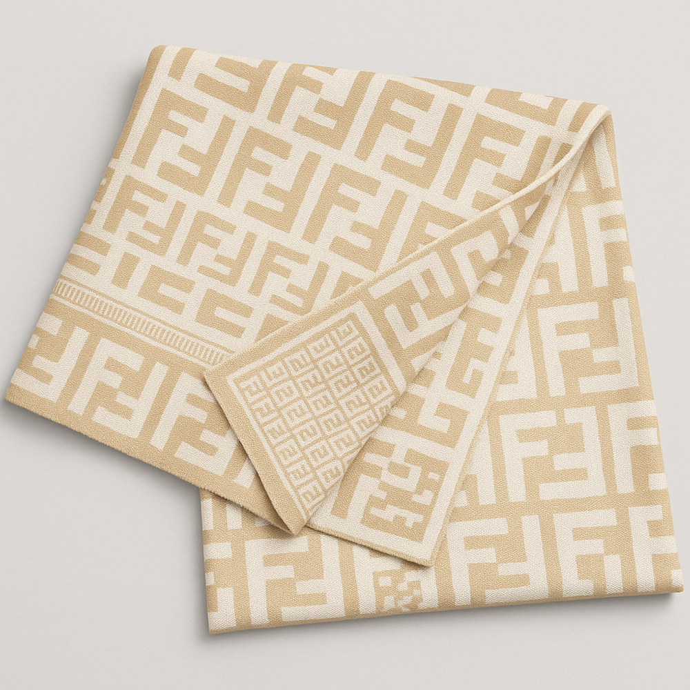 Fendi Wool Scarf – Beige with FF Logo Pattern