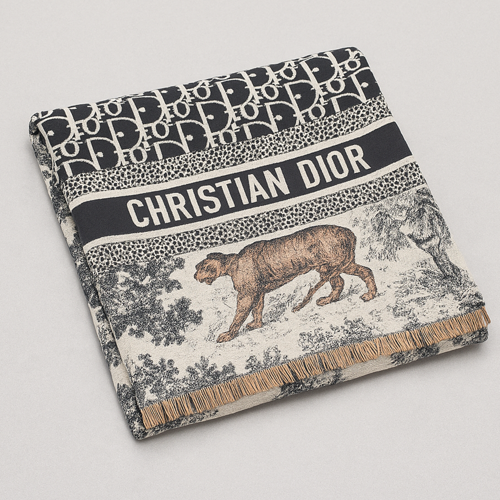 Christian Dior D-Oblique & Toile de Jouy Wool Scarf – Black & Grey