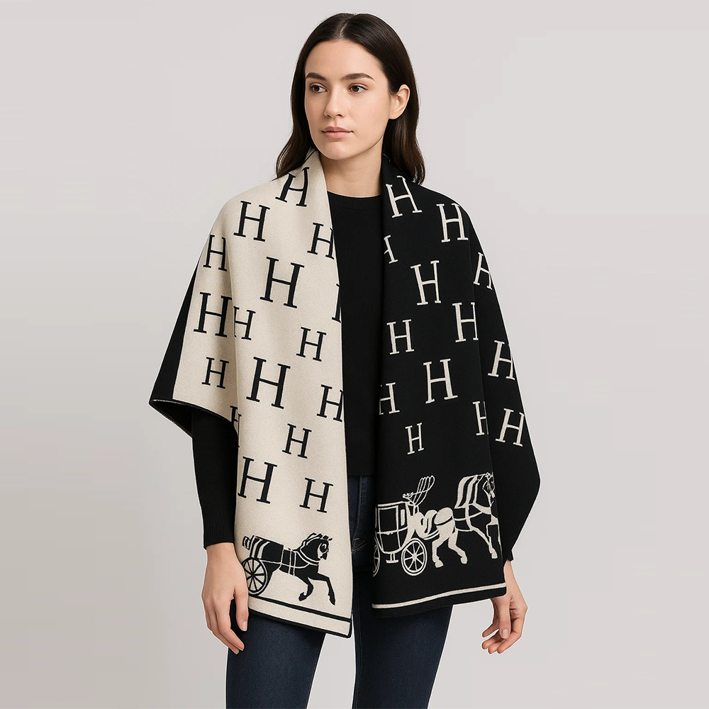 Hermès Reversible H Monogram Wool & Cashmere Scarf – Black & White