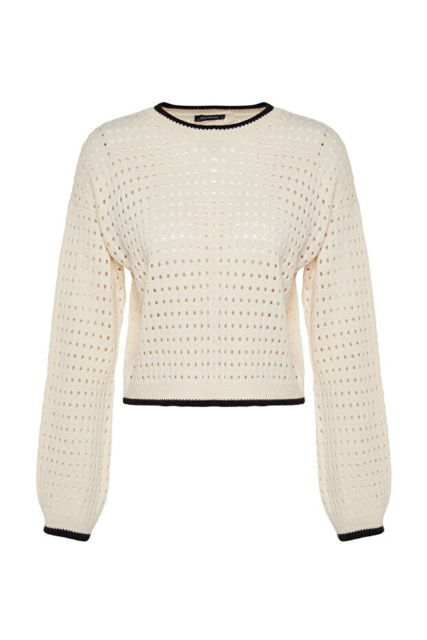 Crew Neck Ecru Knitwear Sweater - Openwork Hole