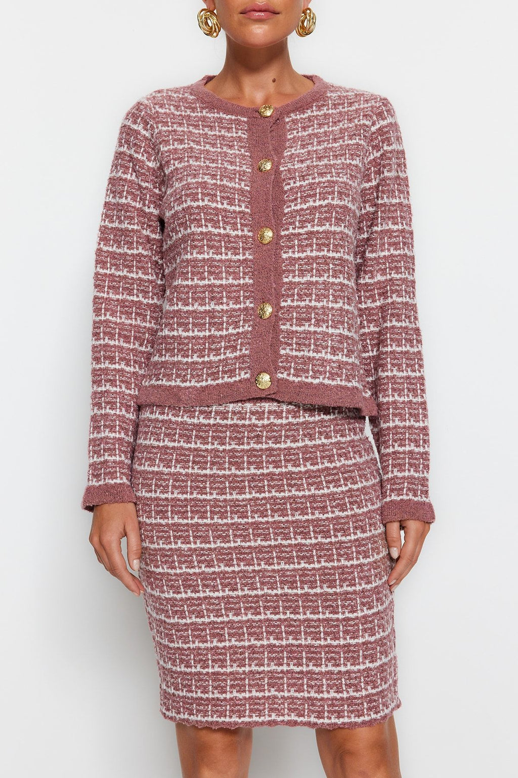 Soft Textured Dried Rose Knitwear Cardigan and Skirt Set - Knitted Detail - All About Eg