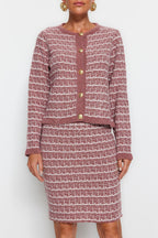 Soft Textured Dried Rose Knitwear Cardigan and Skirt Set - Knitted Detail - All About Eg