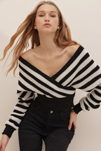Woman's Black Front Back and Double Breasted Crop Striped Knitwear Sweater - All About Eg