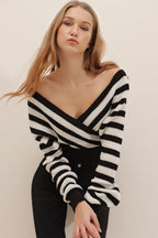 Woman's Black Front Back and Double Breasted Crop Striped Knitwear Sweater - All About Eg