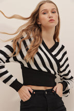 Woman's Black Front Back and Double Breasted Crop Striped Knitwear Sweater - All About Eg