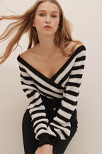 Woman's Black Front Back and Double Breasted Crop Striped Knitwear Sweater - All About Eg