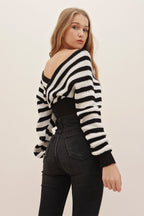 Woman's Black Front Back and Double Breasted Crop Striped Knitwear Sweater - All About Eg