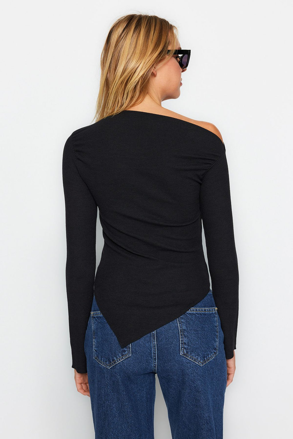 Black Draped Boat Neck Asymmetrical Knitted Blouse - All About Eg