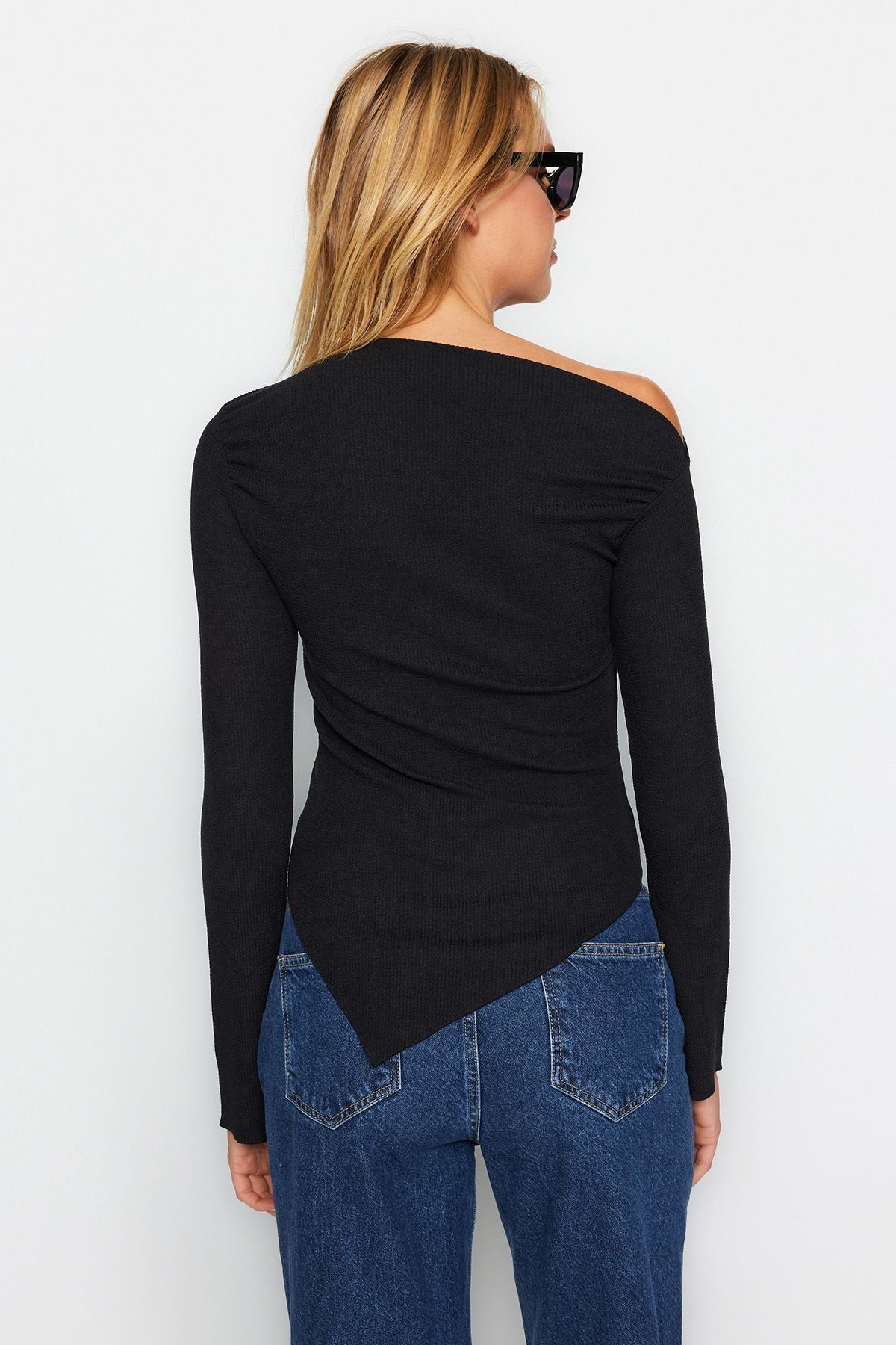 Black Draped Boat Neck Asymmetrical Knitted Blouse - All About Eg