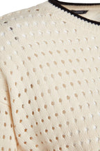 Crew Neck Ecru Knitwear Sweater - Openwork Hole