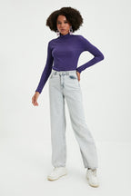 Purple Fitted High Neck Long Sleeve Ribbed Stretchy Knitted Blouse