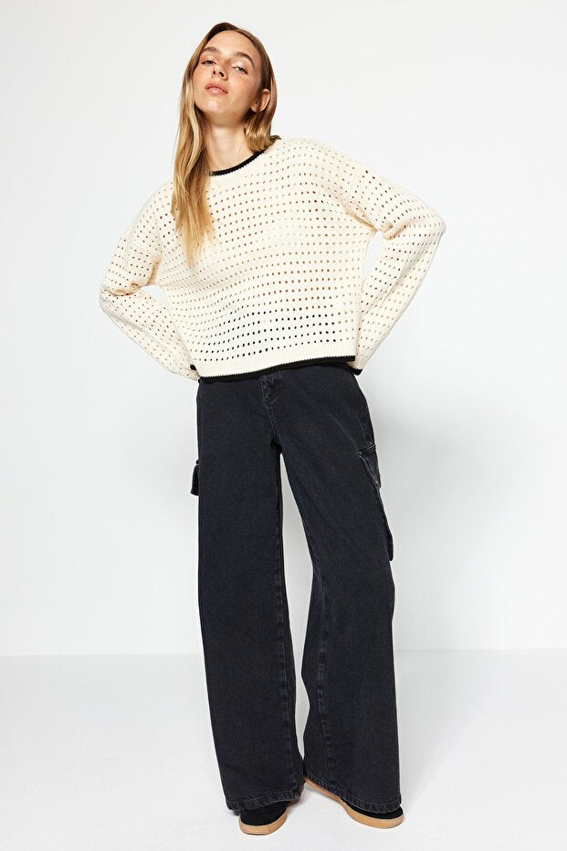 Crew Neck Ecru Knitwear Sweater - Openwork Hole