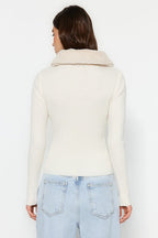 Polo Collar Ecru Knitwear Sweater - Faux Fur Detailed
