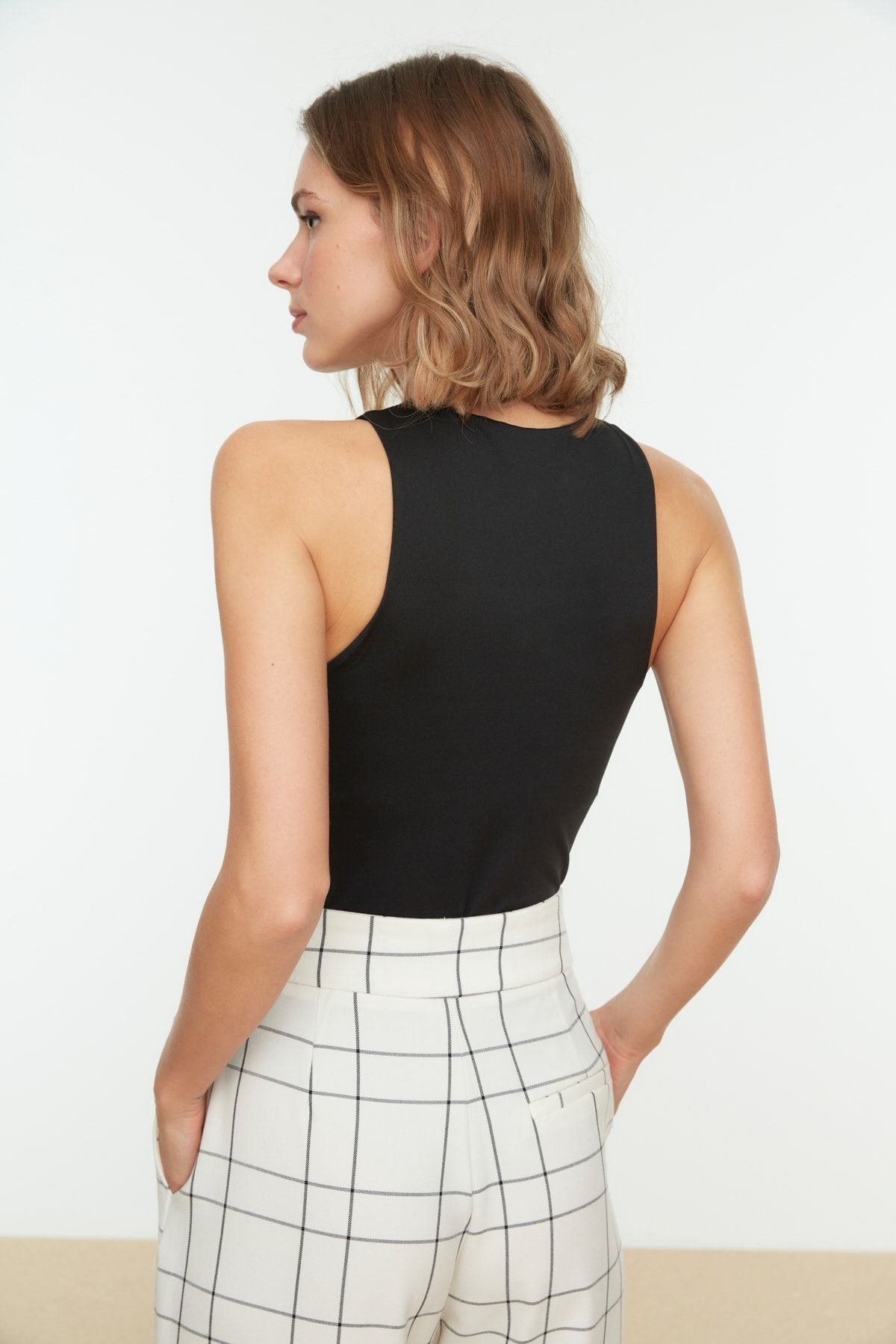 Black Halter Neck Body-Fitting Stretch Snap Knitted Body - All About Eg