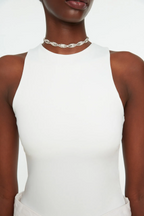 White Halter Neck Body Fitting Flexible Snap Knitted Body - All About Eg