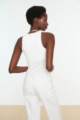 White Halter Neck Body Fitting Flexible Snap Knitted Body - All About Eg