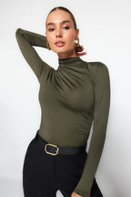 Khaki Gather Detailed Stand Collar Stretch Knitted Body with Snap Fasteners - All About Eg