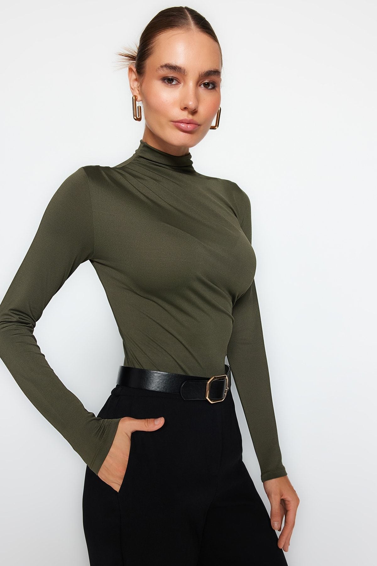 Khaki Gather Detailed Stand Collar Stretch Knitted Body with Snap Fasteners - All About Eg