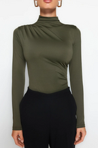 Khaki Gather Detailed Stand Collar Stretch Knitted Body with Snap Fasteners - All About Eg