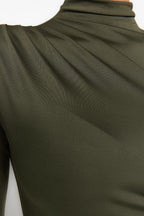 Khaki Gather Detailed Stand Collar Stretch Knitted Body with Snap Fasteners - All About Eg