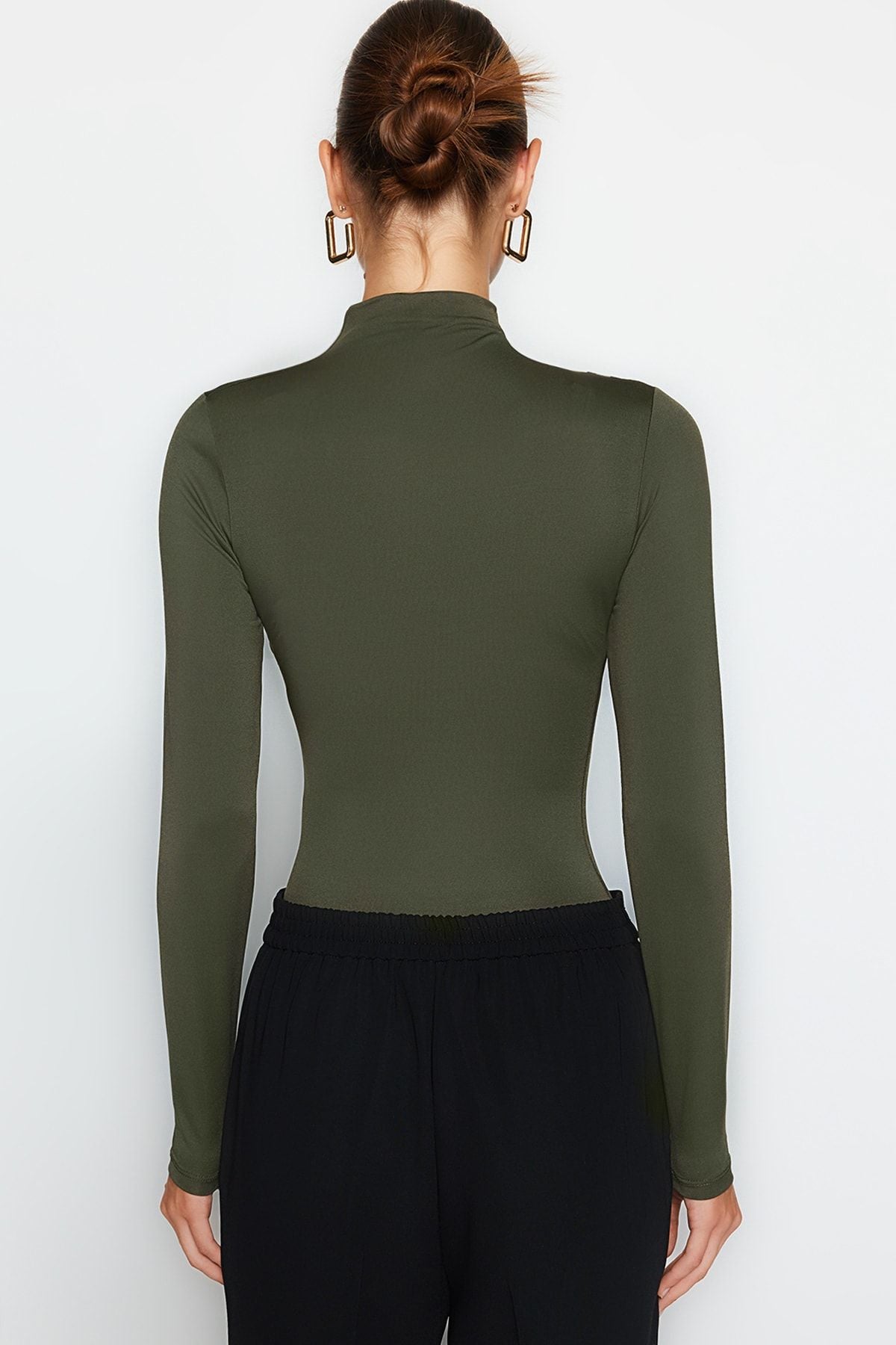 Khaki Gather Detailed Stand Collar Stretch Knitted Body with Snap Fasteners - All About Eg
