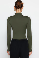 Khaki Gather Detailed Stand Collar Stretch Knitted Body with Snap Fasteners - All About Eg
