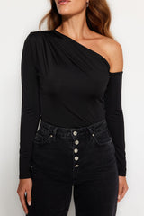 Black Asymmetric Collar Long Sleeve Stretch Snap Knitted Body - All About Eg